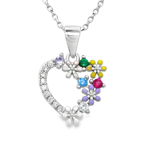 Sterling Silver Open CZ Heart Pendant with Multicolour Flower Detail