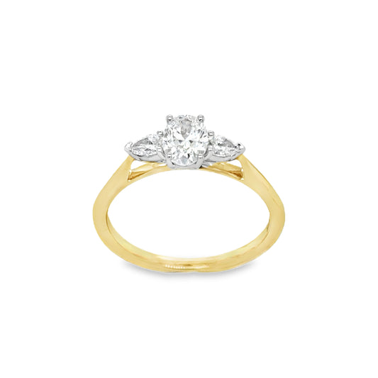 9ct Yellow Gold Oval and Pear Cut Three Stone Diamond Ring .70ct