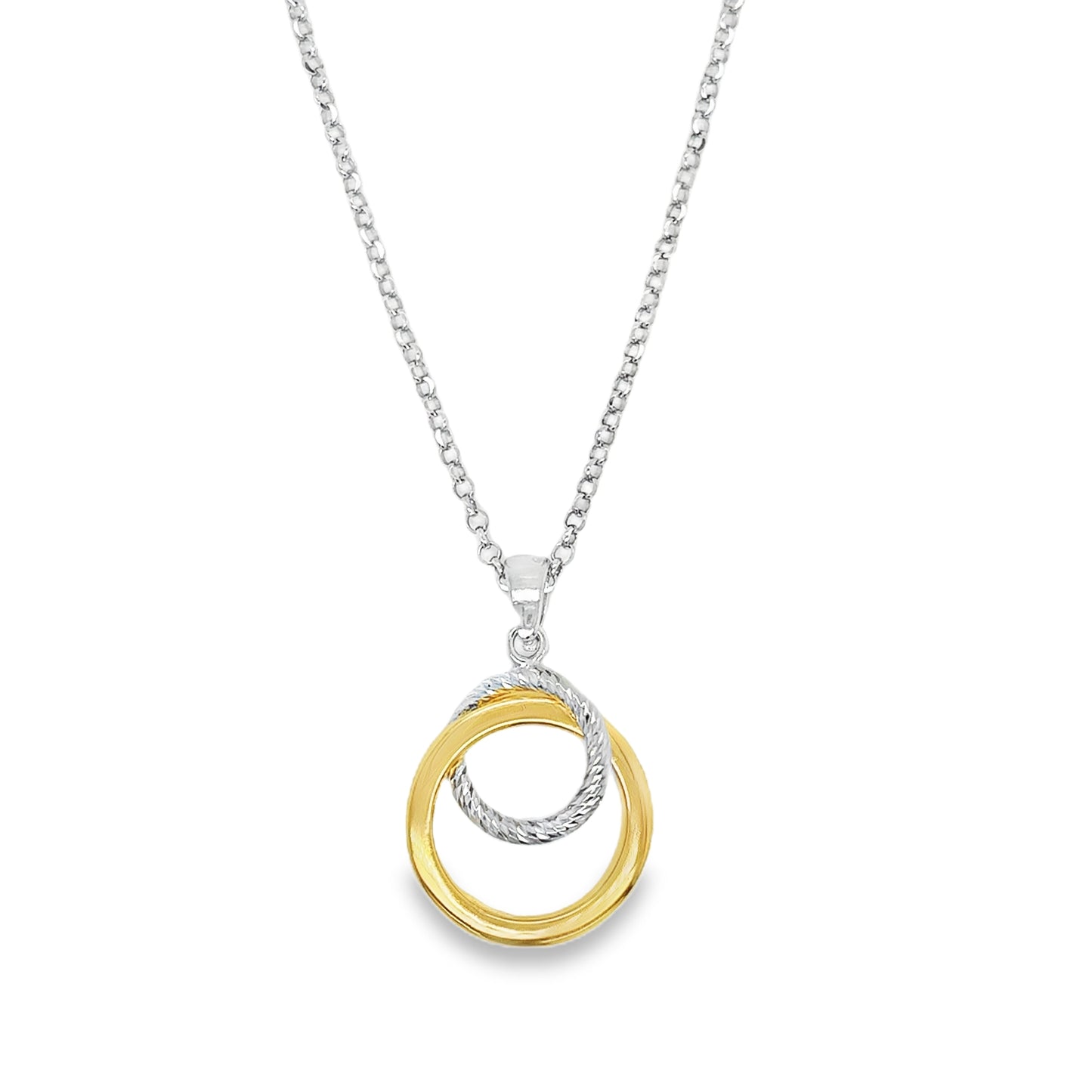 Sterling Silver and Gold Plated Open Diamond Cut Double Hoop Pendant