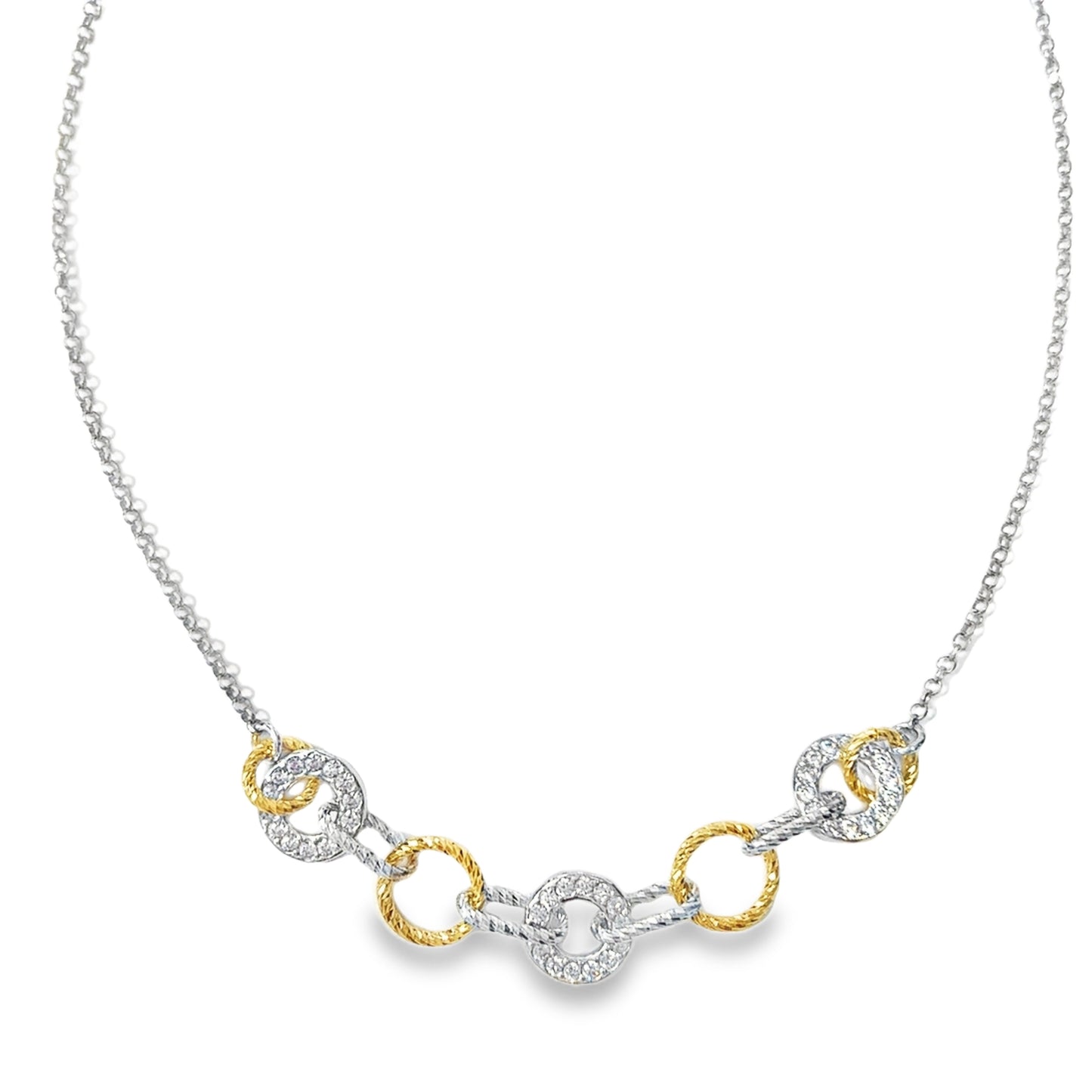 Sterling Silver and Gold Plated Diamond Cut and CZ Open Circle Necklet