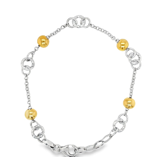 Sterling Silver and Gold Plated Diamond Cut Circle and Ball Bracelet