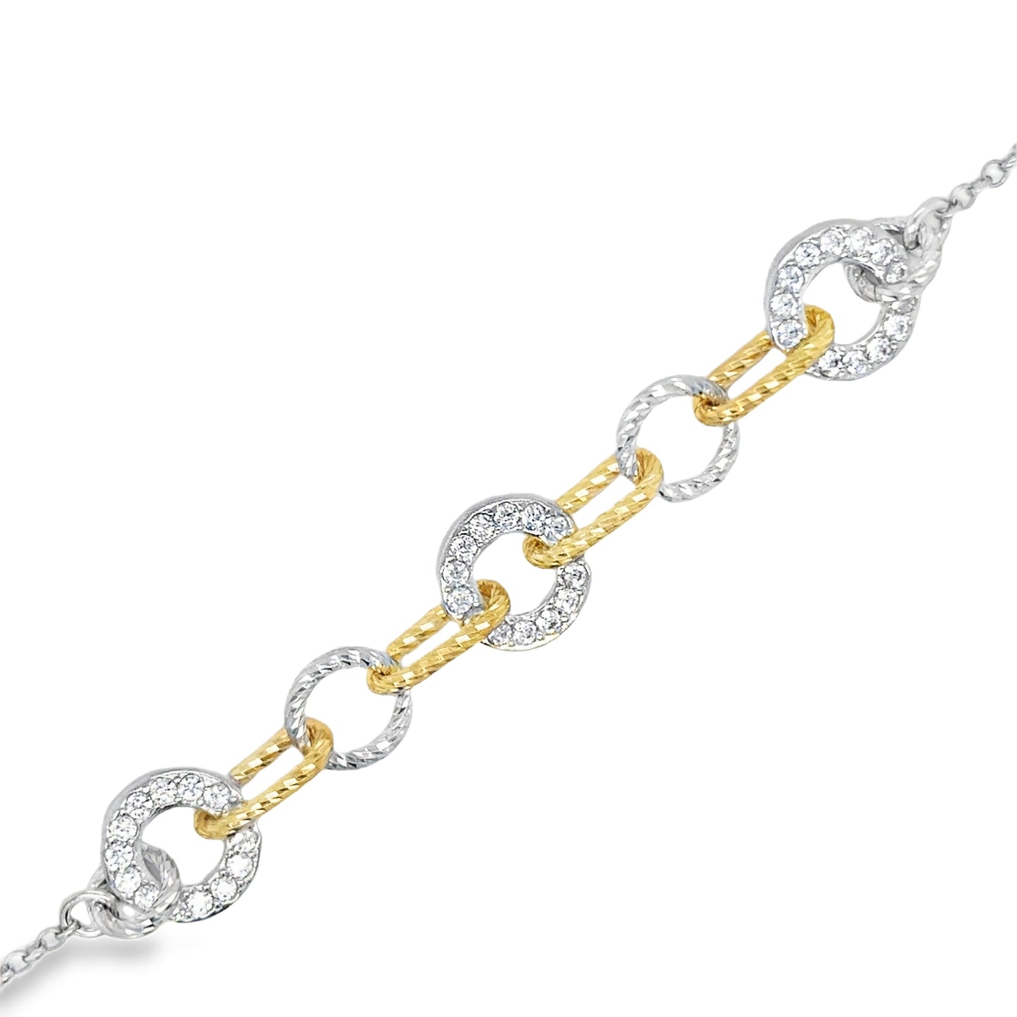 Sterling Silver and Gold Plated Diamond Cut Paperlink and CZ Circle Bracelet