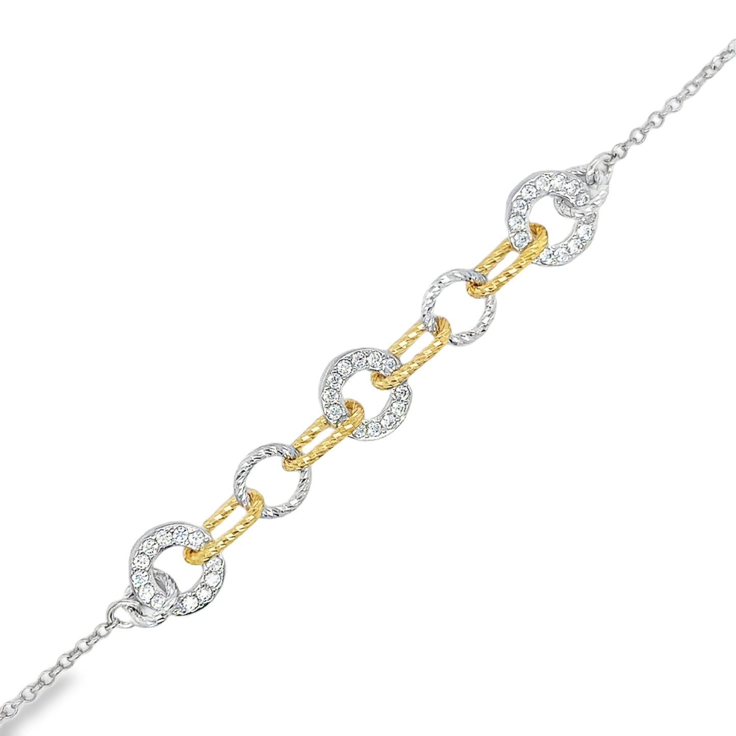 Sterling Silver and Gold Plated Diamond Cut Paperlink and CZ Circle Bracelet