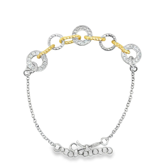 Sterling Silver and Gold Plated Diamond Cut Paperlink and CZ Circle Bracelet