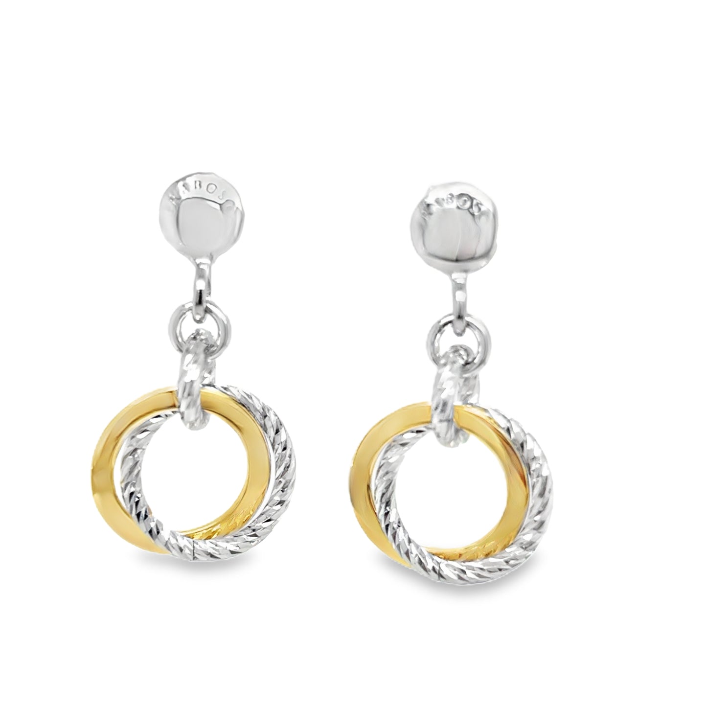 Sterling Silver and Gold Plated Diamond Cut Double Circle Drop Earrings