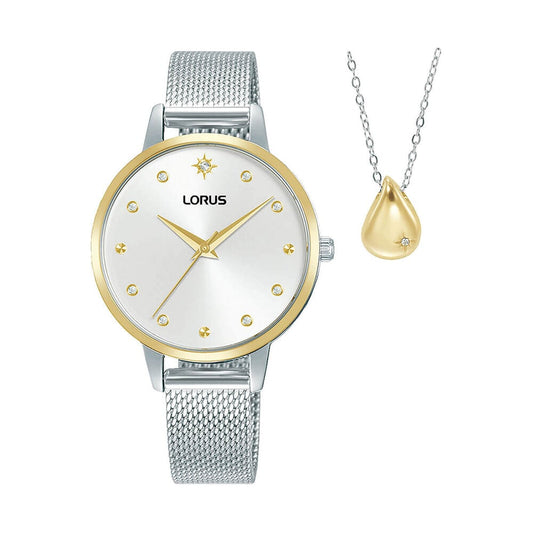 Ladies Lorus Mixed Silver Dial Watch and Gold Plated Teardrop Necklet Set