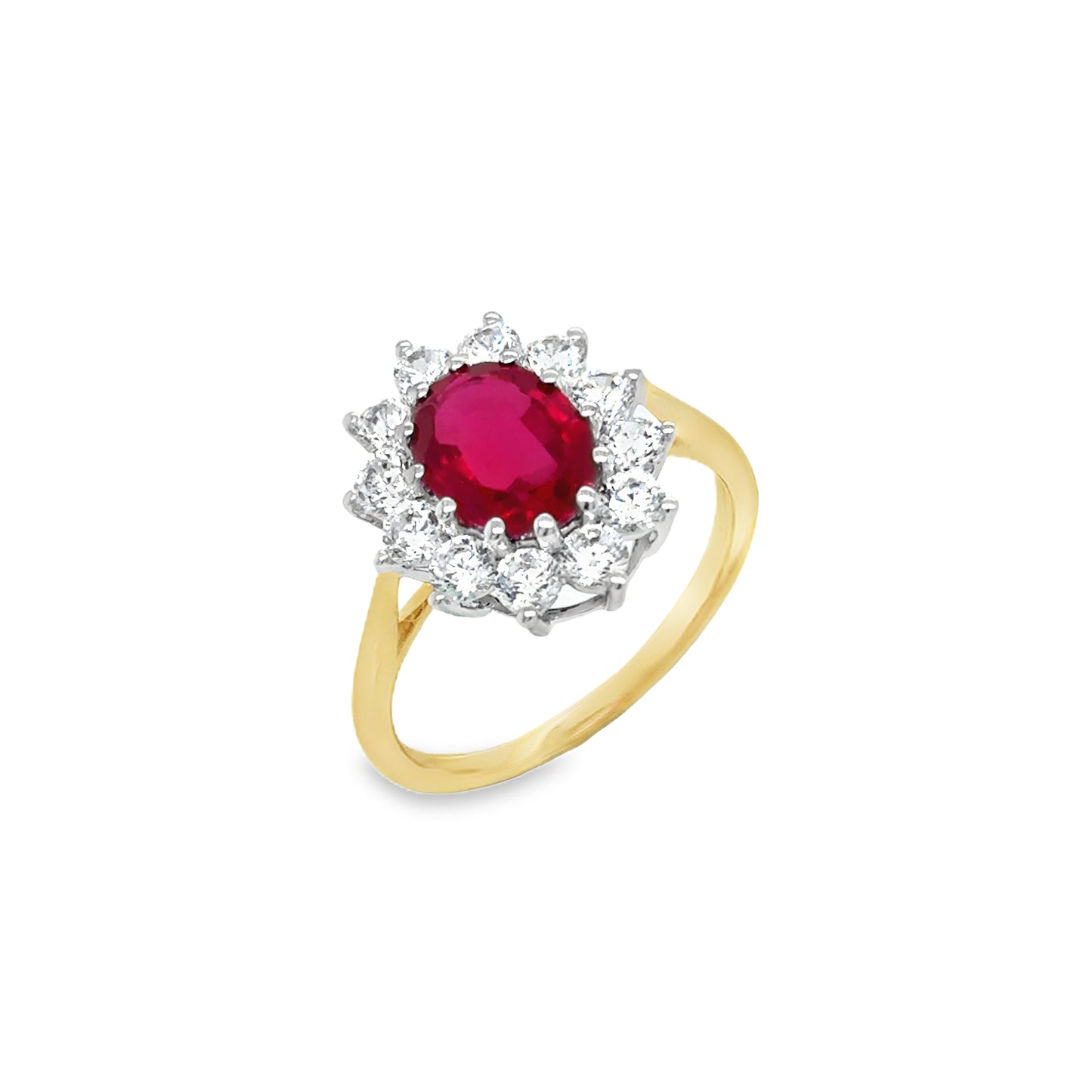 9ct Yellow Gold Created Ruby and CZ Flower Cluster Ring