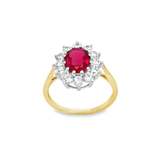 9ct Yellow Gold Created Ruby and CZ Flower Cluster Ring