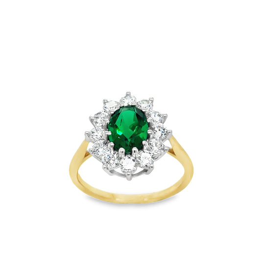 9ct Yellow Gold Synthetic Emerald and CZ Flower Cluster Ring