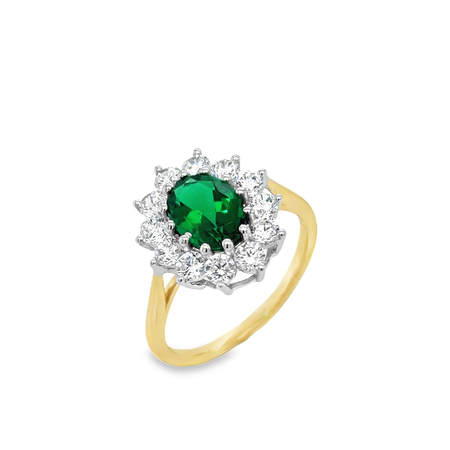 9ct Yellow Gold Synthetic Emerald and CZ Flower Cluster Ring