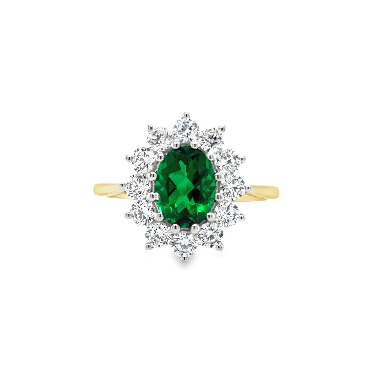 9ct Yellow Gold Synthetic Emerald and CZ Flower Cluster Ring