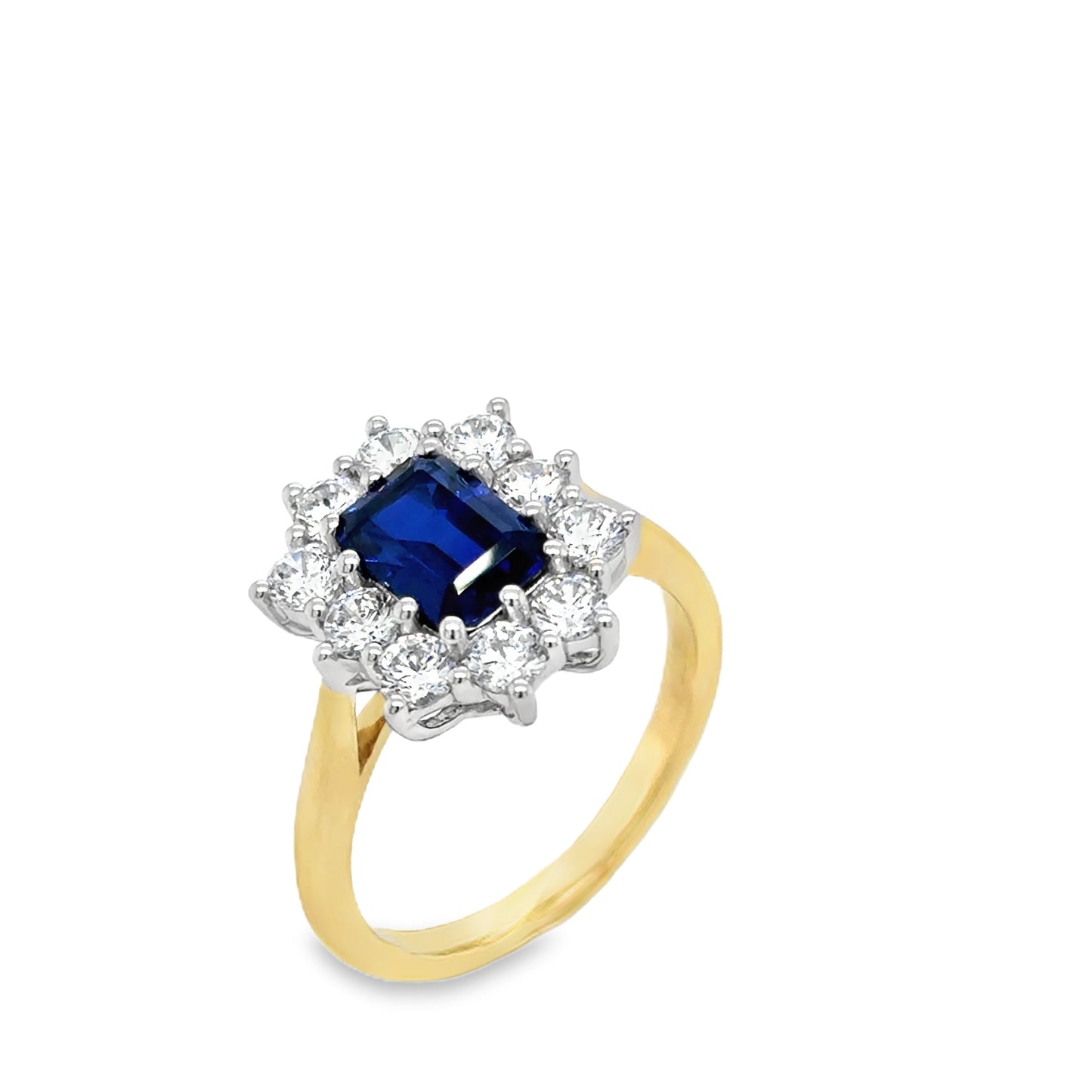 9ct Yellow Gold Emerald cut Created Sapphire and Cz Flower Cluster Ring