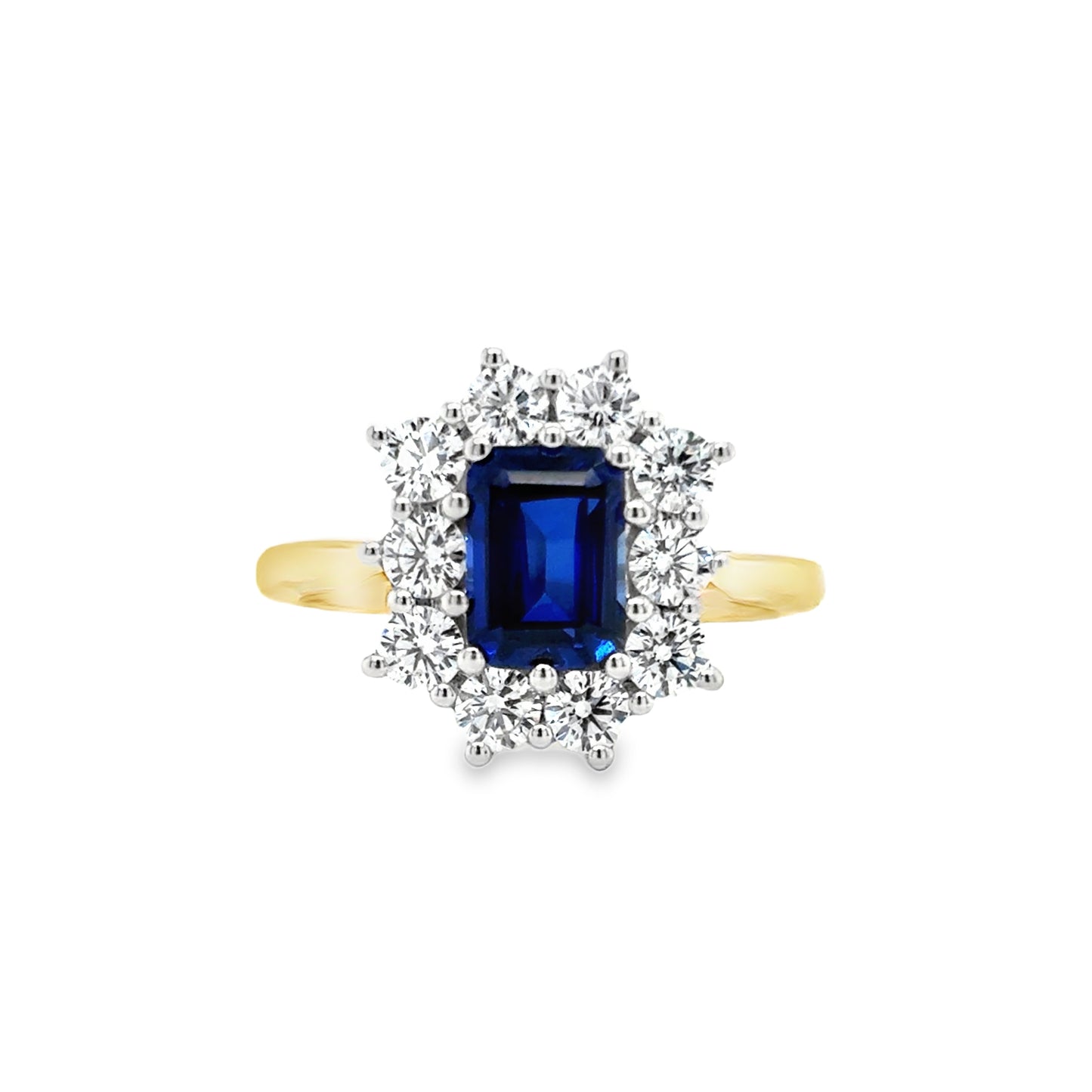 9ct Yellow Gold Emerald cut Created Sapphire and Cz Flower Cluster Ring