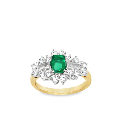 9ct Yellow Gold Oval Created Emerald and Baguette Cut CZ Cluster Ring