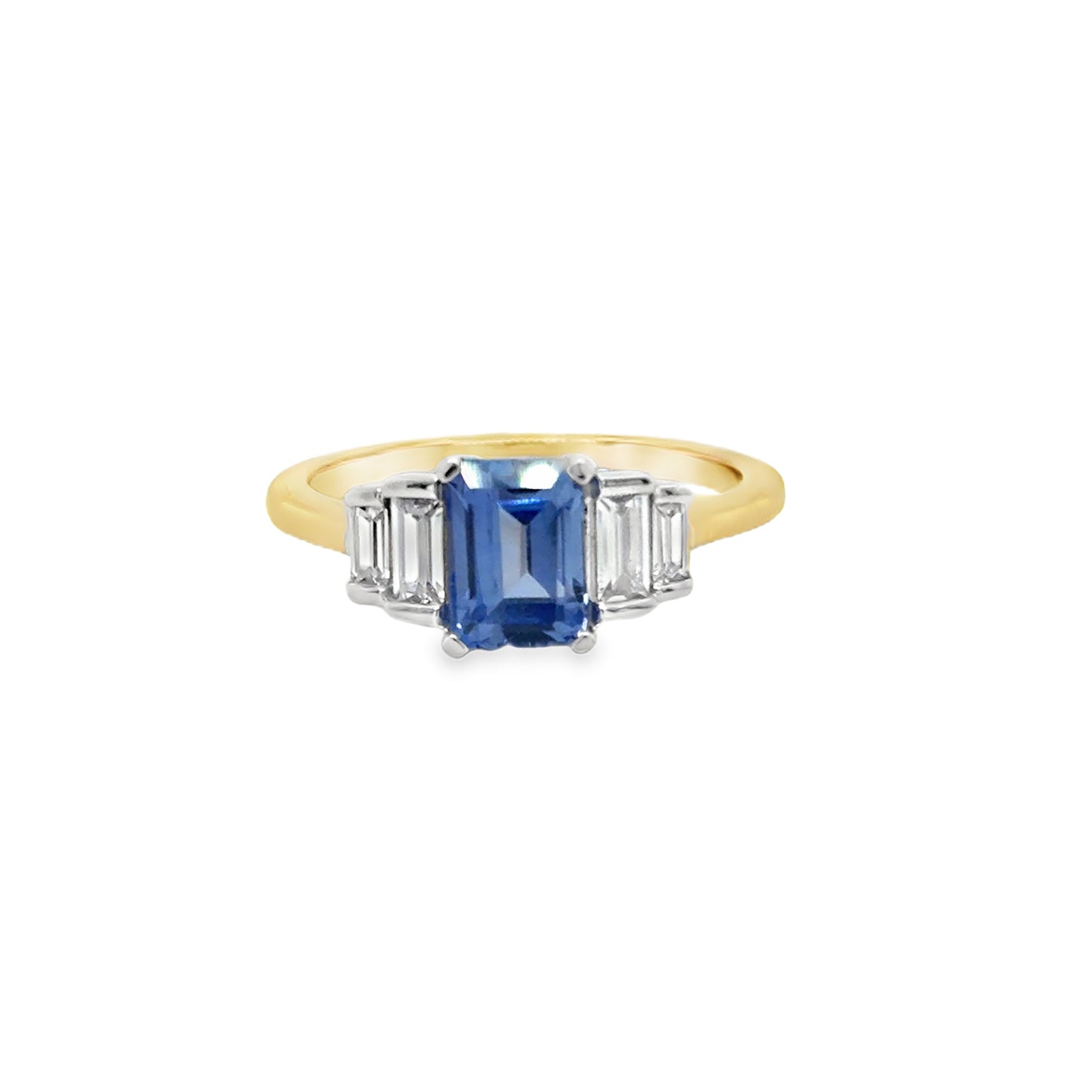 9ct Yellow Gold Emerald Cut Created Tanzanite Ring with Baguette Cut CZ Step Shoulders
