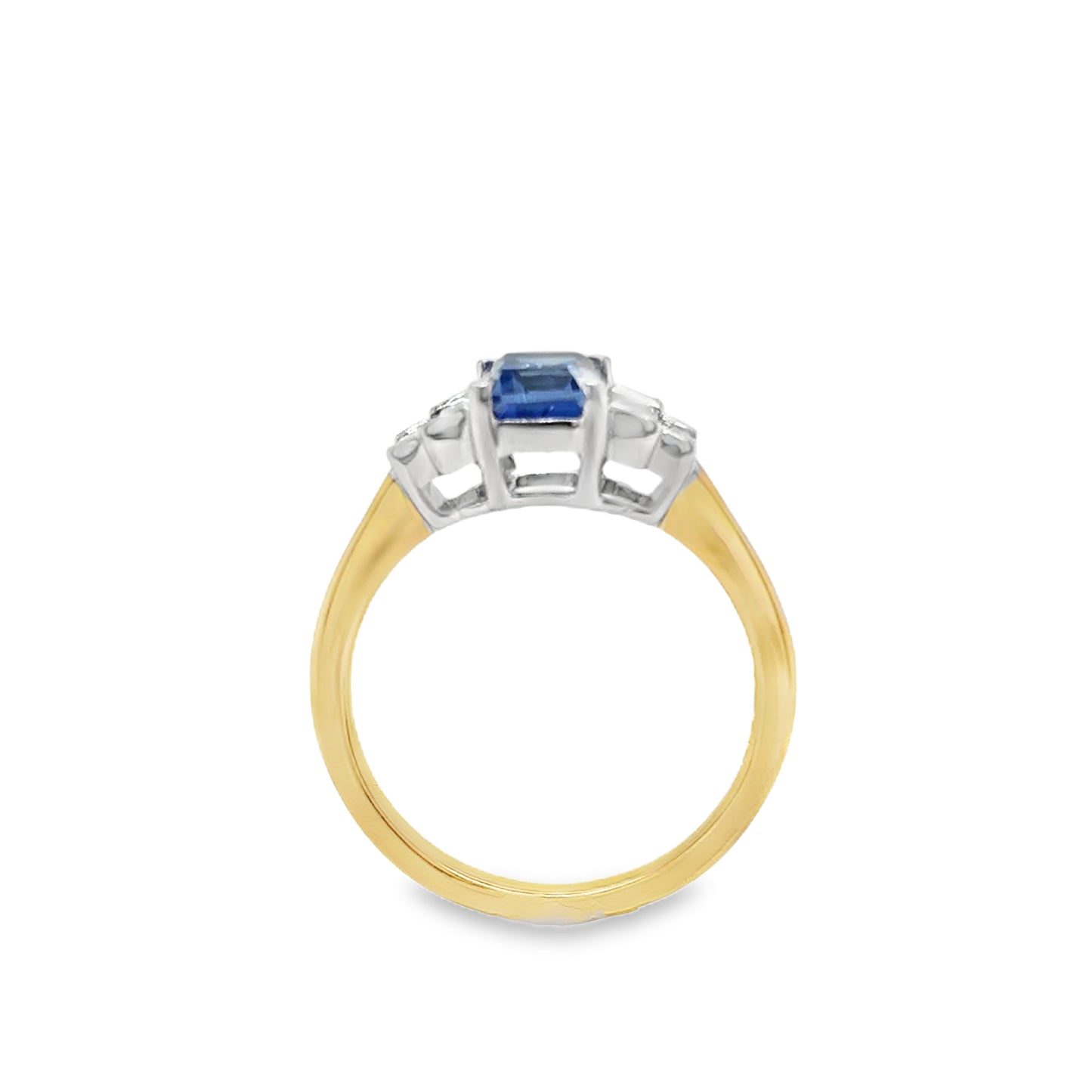 9ct Yellow Gold Emerald Cut Created Tanzanite Ring with Baguette Cut CZ Step Shoulders