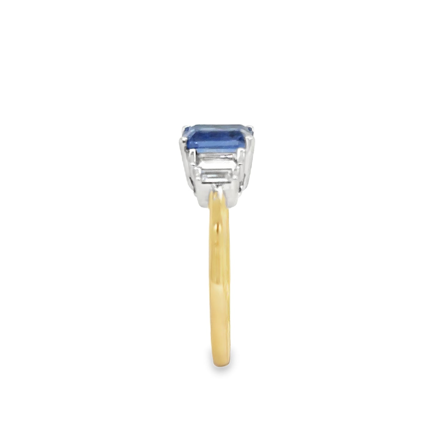 9ct Yellow Gold Emerald Cut Created Tanzanite Ring with Baguette Cut CZ Step Shoulders