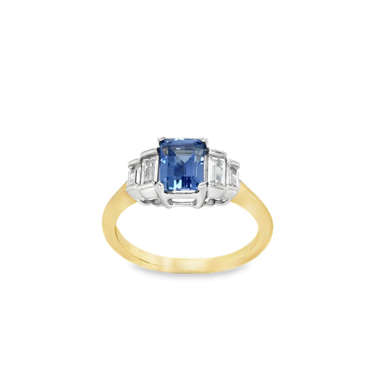 9ct Yellow Gold Emerald Cut Created Tanzanite Ring with Baguette Cut CZ Step Shoulders