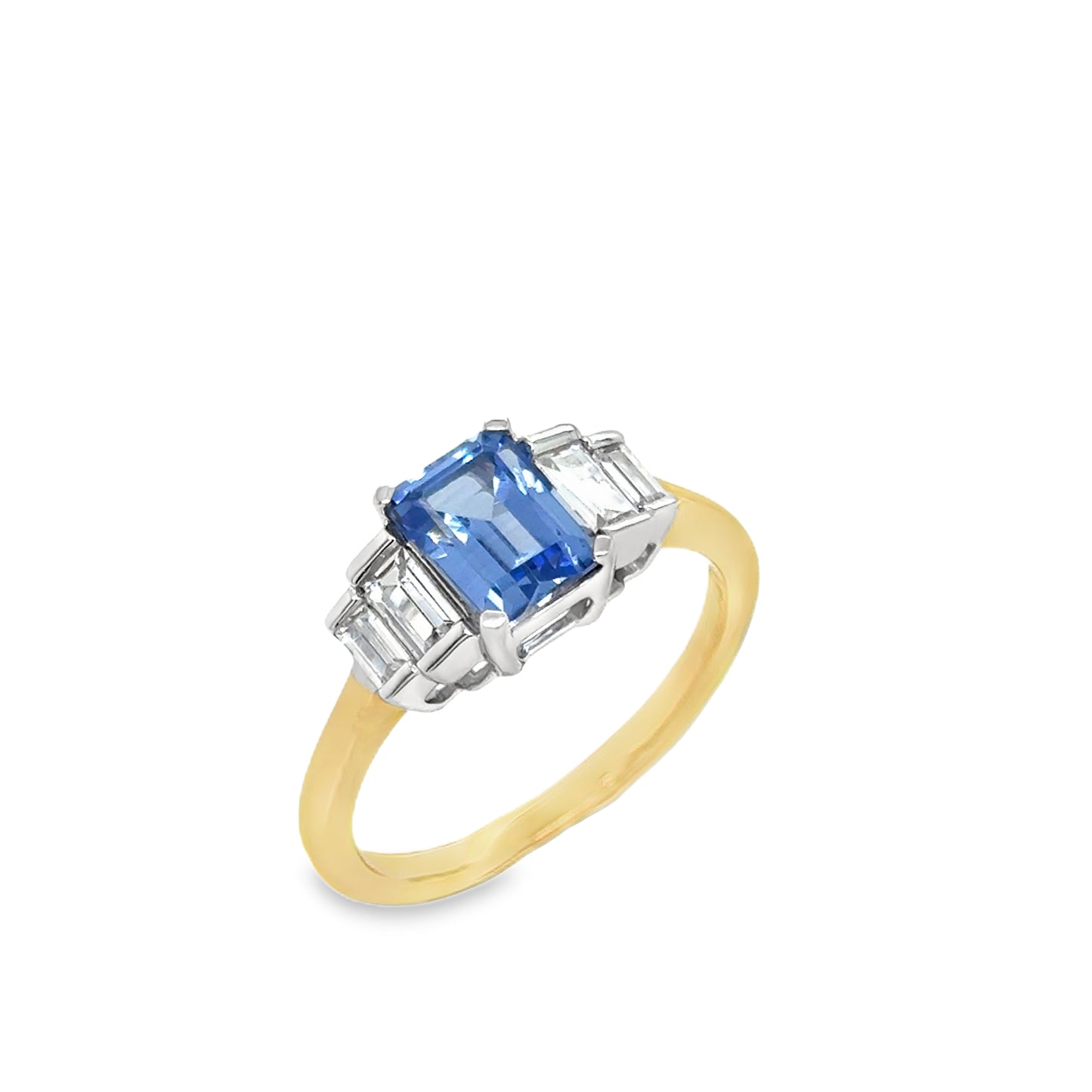 9ct Yellow Gold Emerald Cut Created Tanzanite Ring with Baguette Cut CZ Step Shoulders