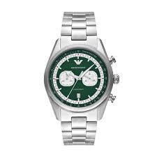 Gents Armani Stainless Steel Racer Chronograph Watch With Green Dial