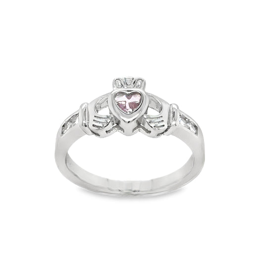 Sterling Silver Pink CZ Claddagh Ring with Channel Set CZ Shoulders