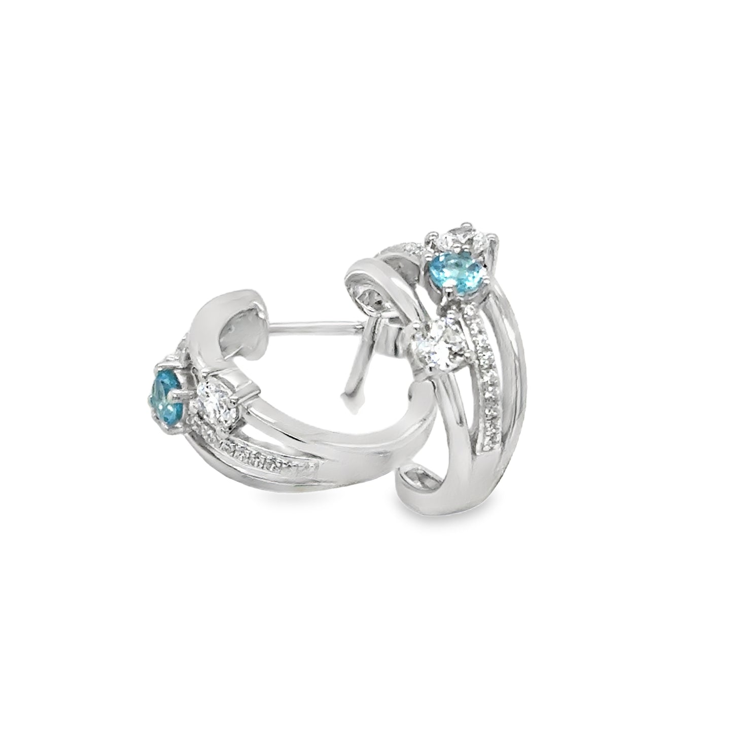 Sterling Silver CZ and Blue Topaz Three Row Huggy Earrings
