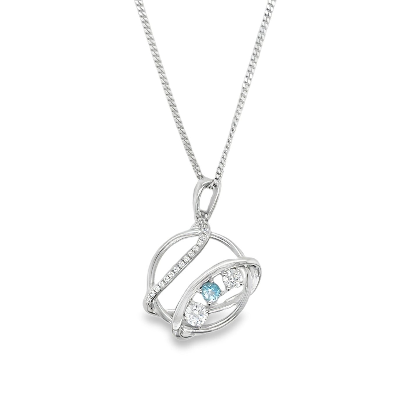 Sterling Silver CZ and Blue Topaz Open Swirl Circle Necklet