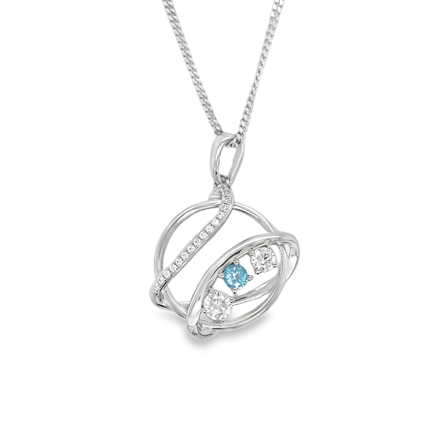 Sterling Silver CZ and Blue Topaz Open Swirl Circle Necklet
