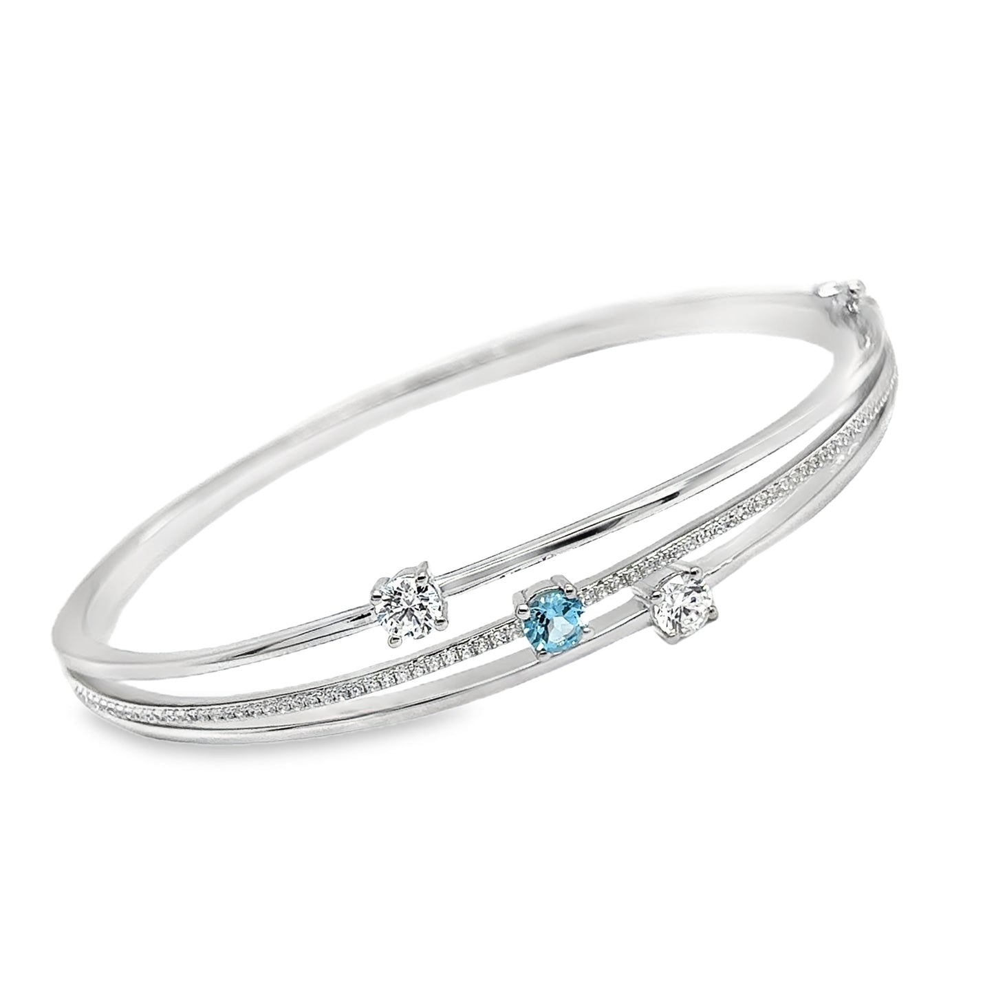 Sterling Silver Three Row CZ and Blue Topaz Bangle