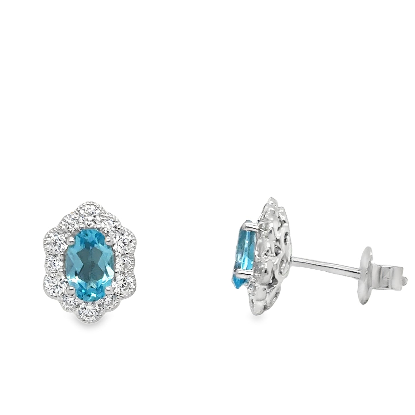Sterling Silver Oval Blue Topaz and CZ Halo Antique Stud Earrings