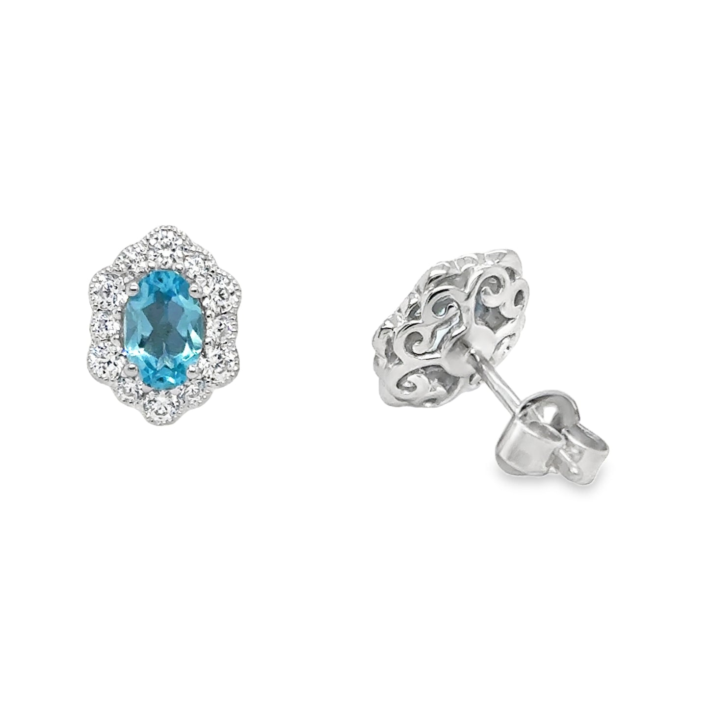 Sterling Silver Oval Blue Topaz and CZ Halo Antique Stud Earrings