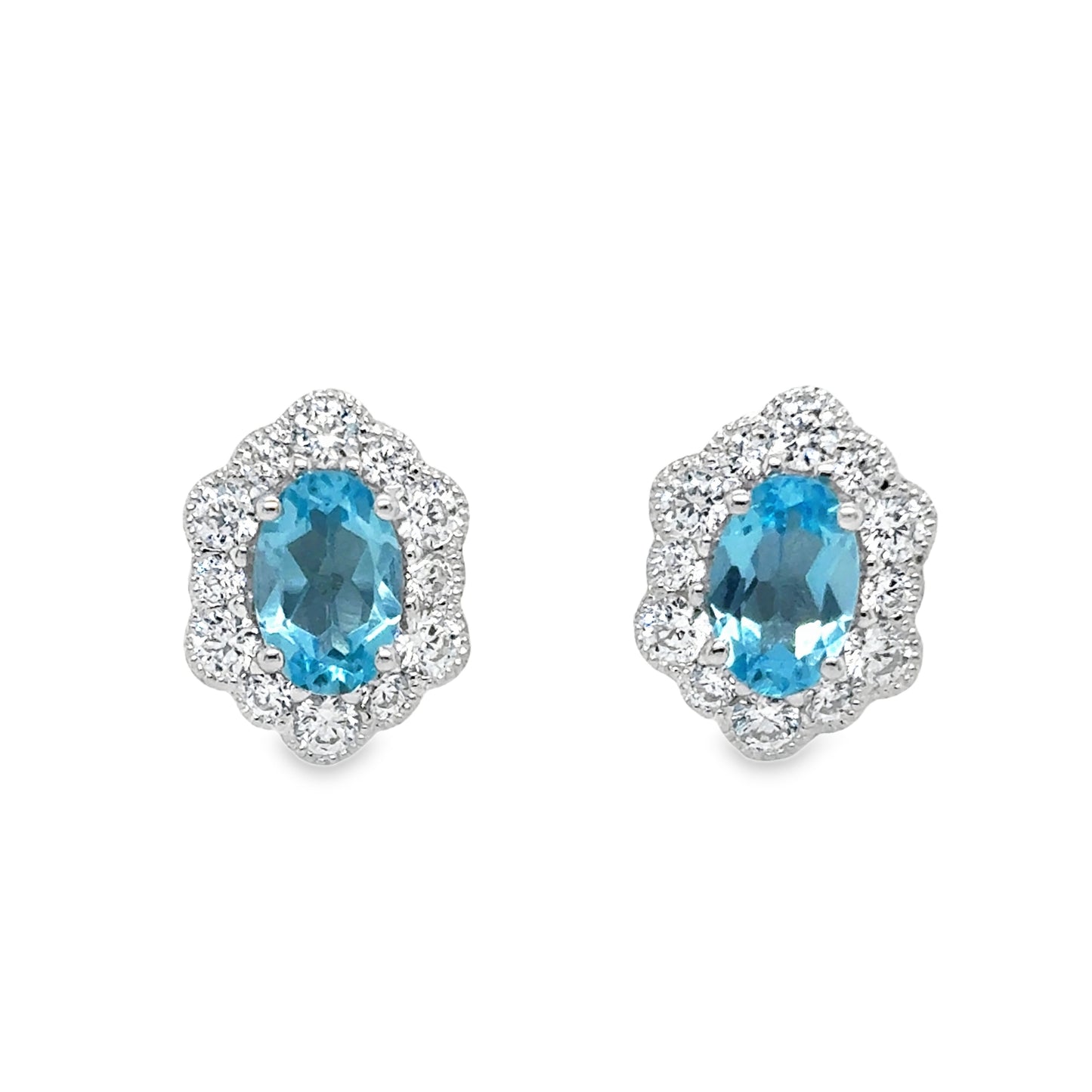 Sterling Silver Oval Blue Topaz and CZ Halo Antique Stud Earrings