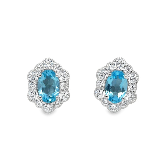 Sterling Silver Oval Blue Topaz and CZ Halo Antique Stud Earrings