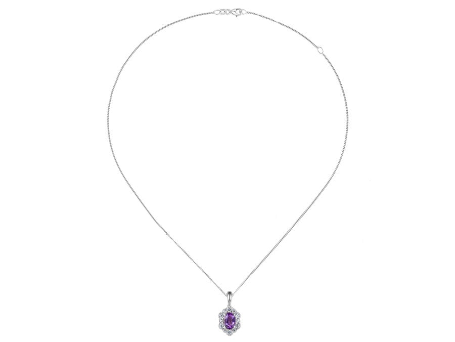 Sterling Silver Oval Amethyst and CZ Halo Antique Style Pendant
