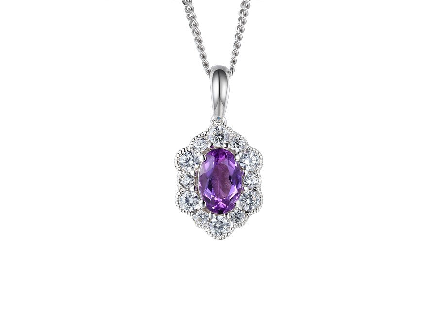 Sterling Silver Oval Amethyst and CZ Halo Antique Style Pendant