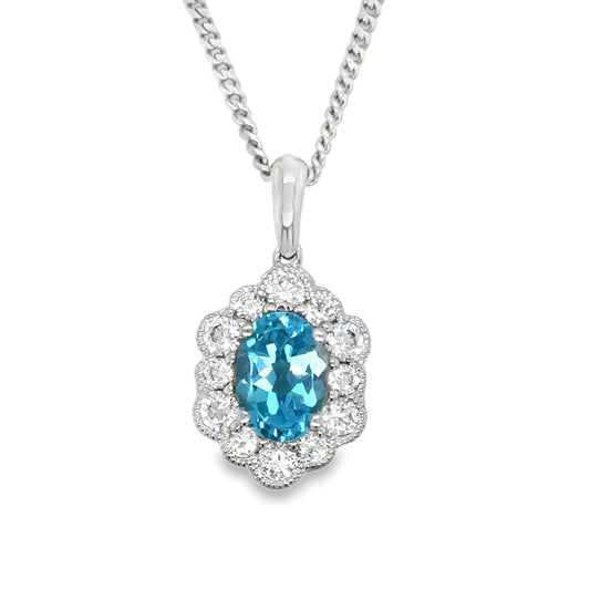 Sterling Silver Oval Blue Topaz and CZ Halo Antique Style Pendant