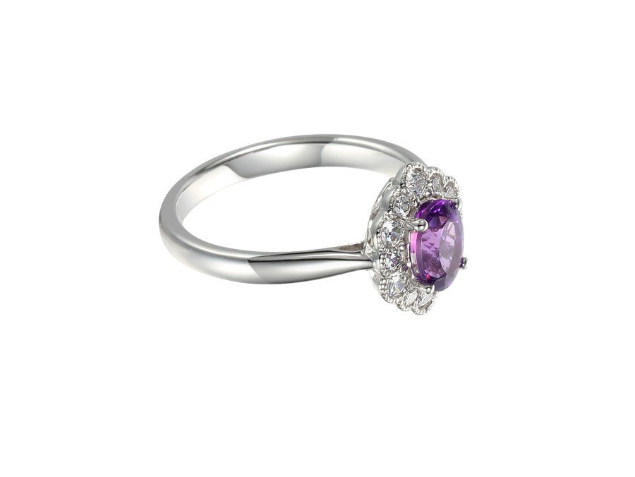 Sterling Silver Oval Amethyst and CZ Halo Antique Style Ring