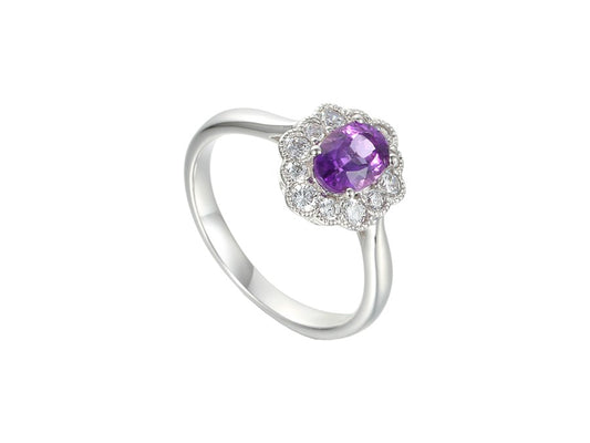 Sterling Silver Oval Amethyst and CZ Halo Antique Style Ring