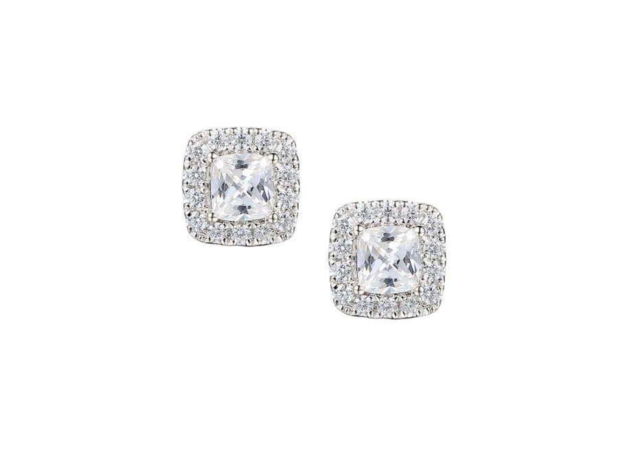Sterling Silver Cushion Cut CZ Cluster Stud Earrings