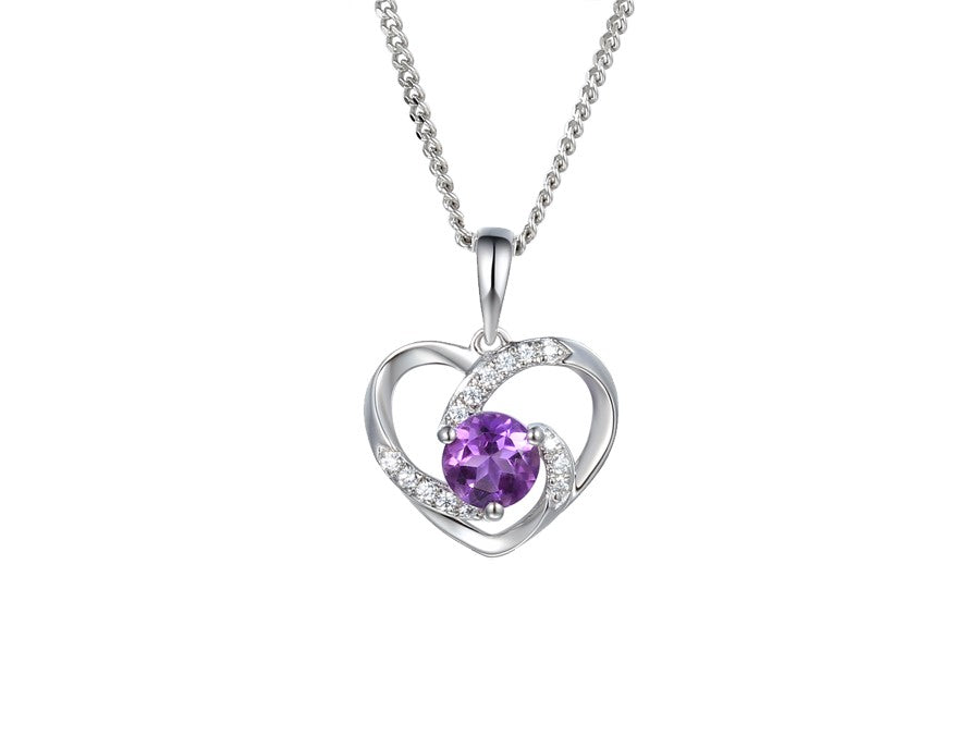 Sterling Silver Open CZ Heart Pendant with Amethyst Centre