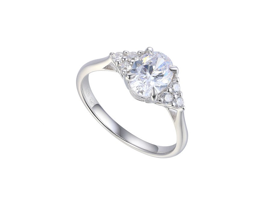 Sterling Silver Oval Solitaire CZ Ring with Fancy CZ Shoulders