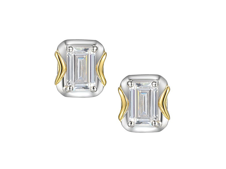 Sterling Silver and Gold Plated Emerald Cut CZ Stud Earrings