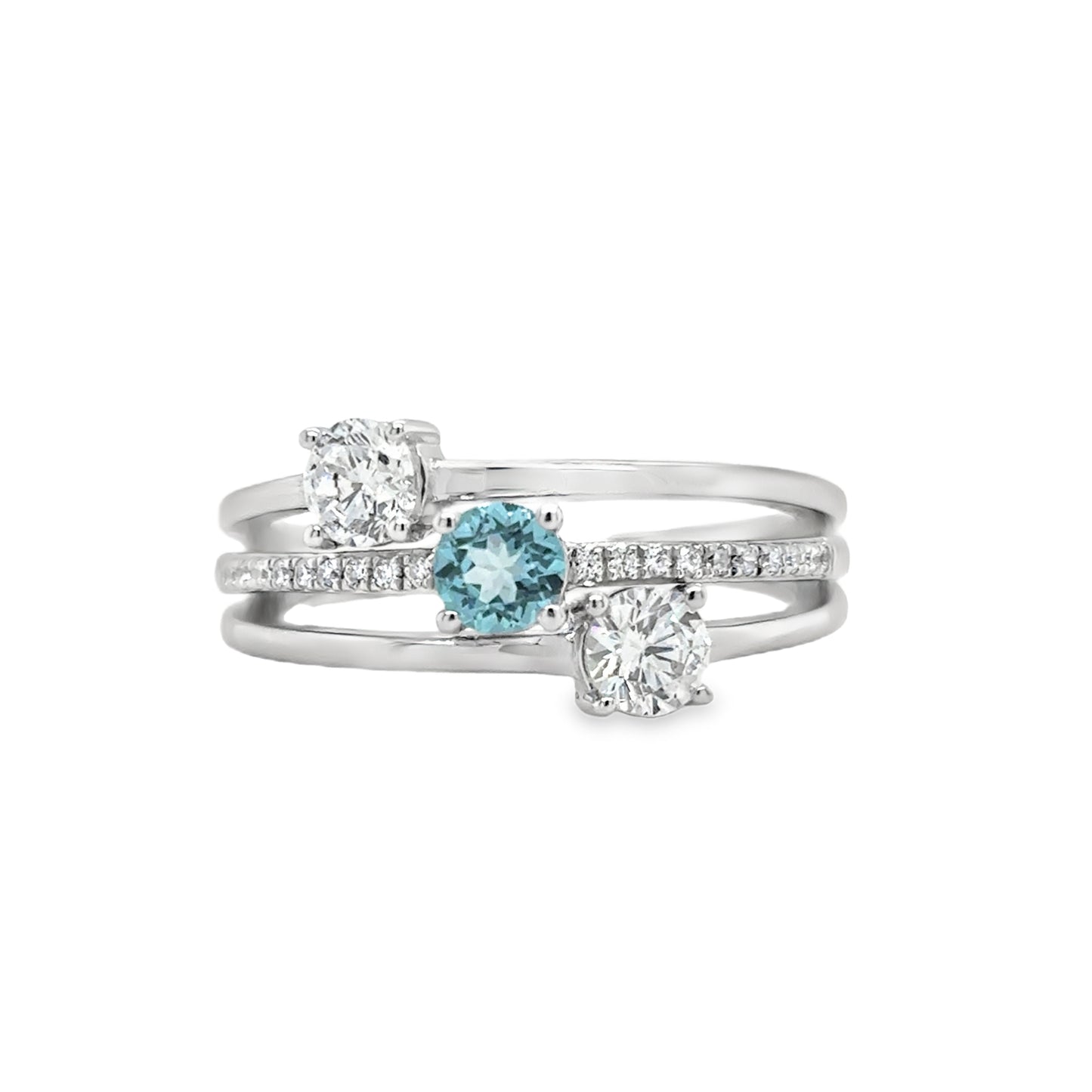 Sterling silver Open Three Row Blue Topaz and CZ Ring