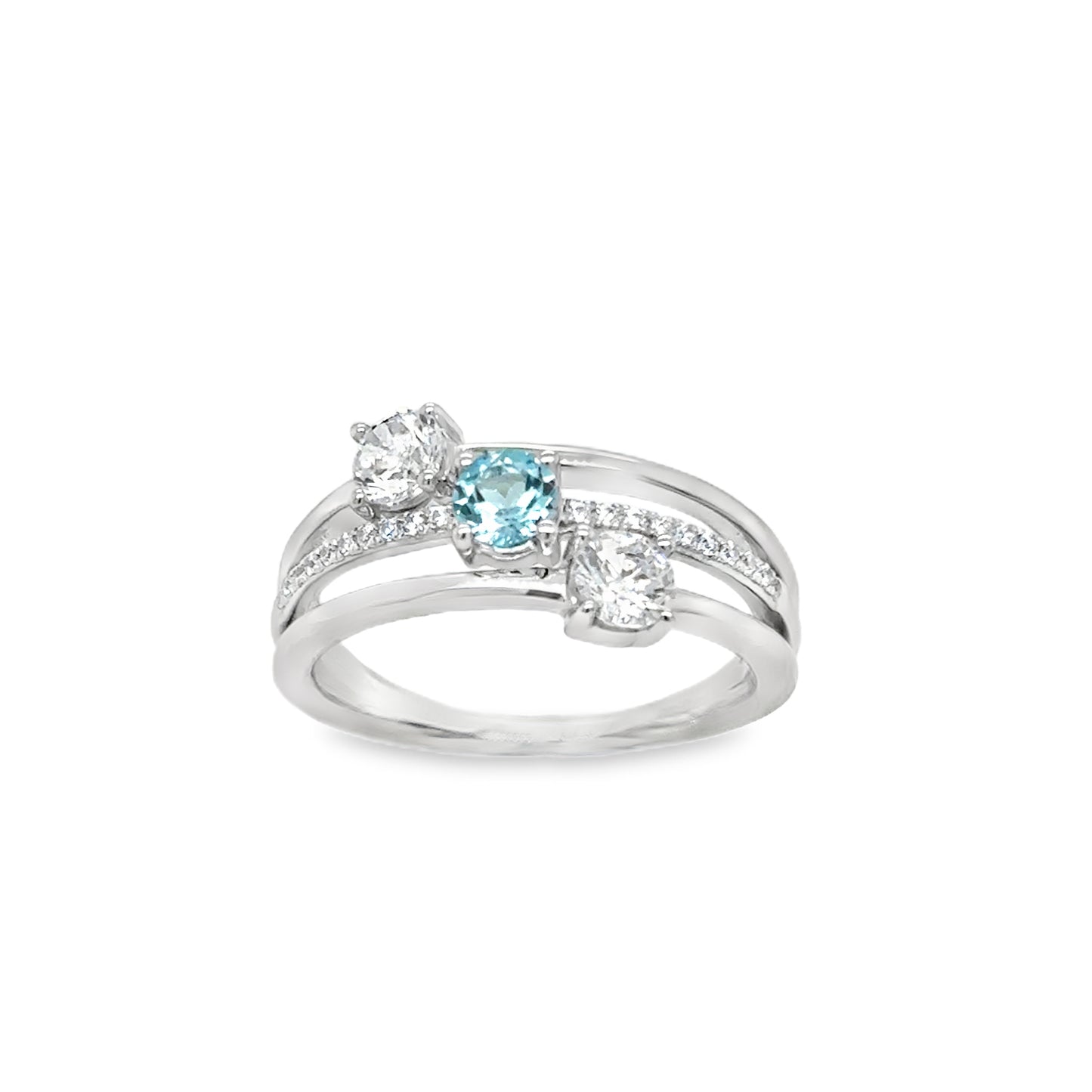 Sterling silver Open Three Row Blue Topaz and CZ Ring