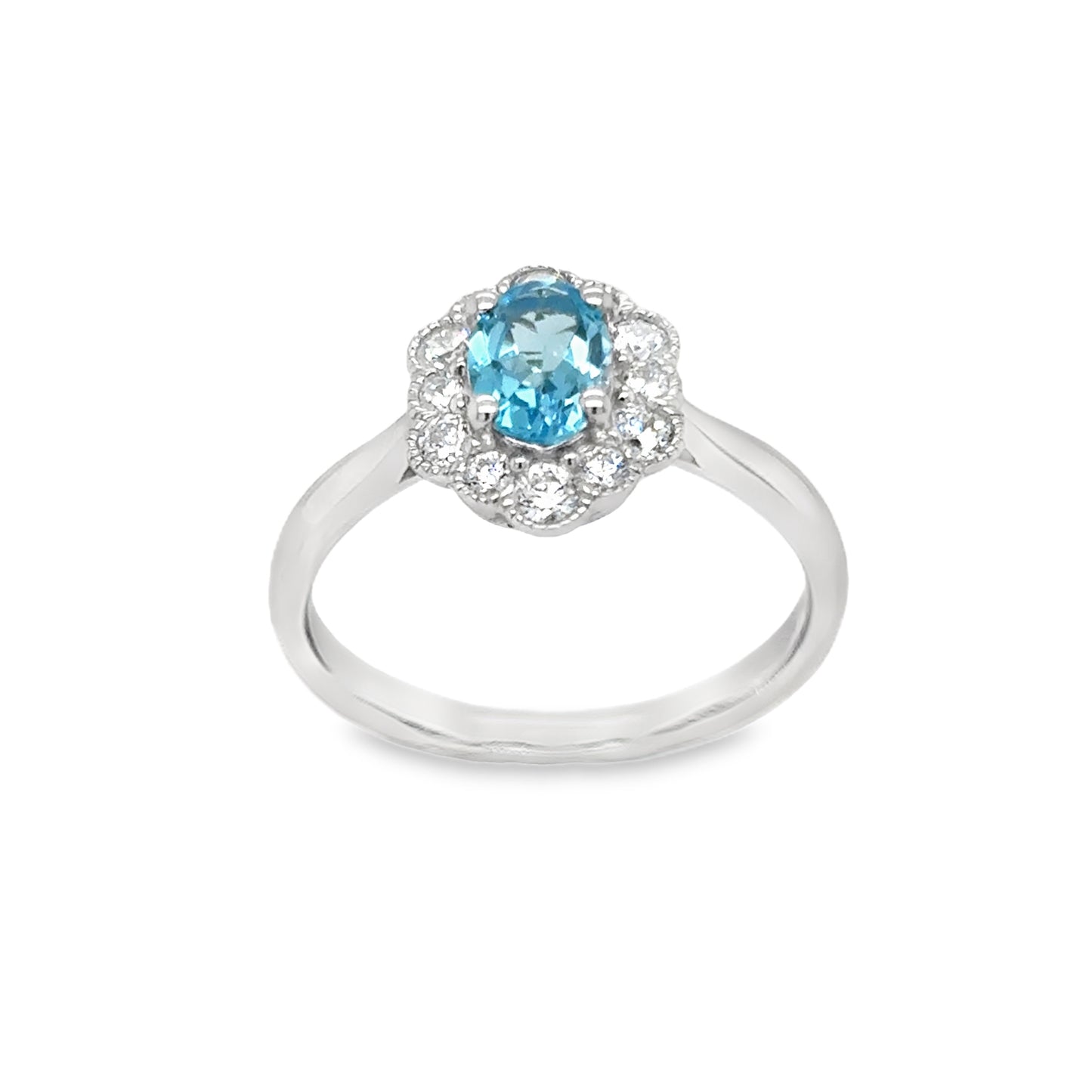 Sterling Silver Oval Blue Topaz and CZ Halo Antique Style Ring