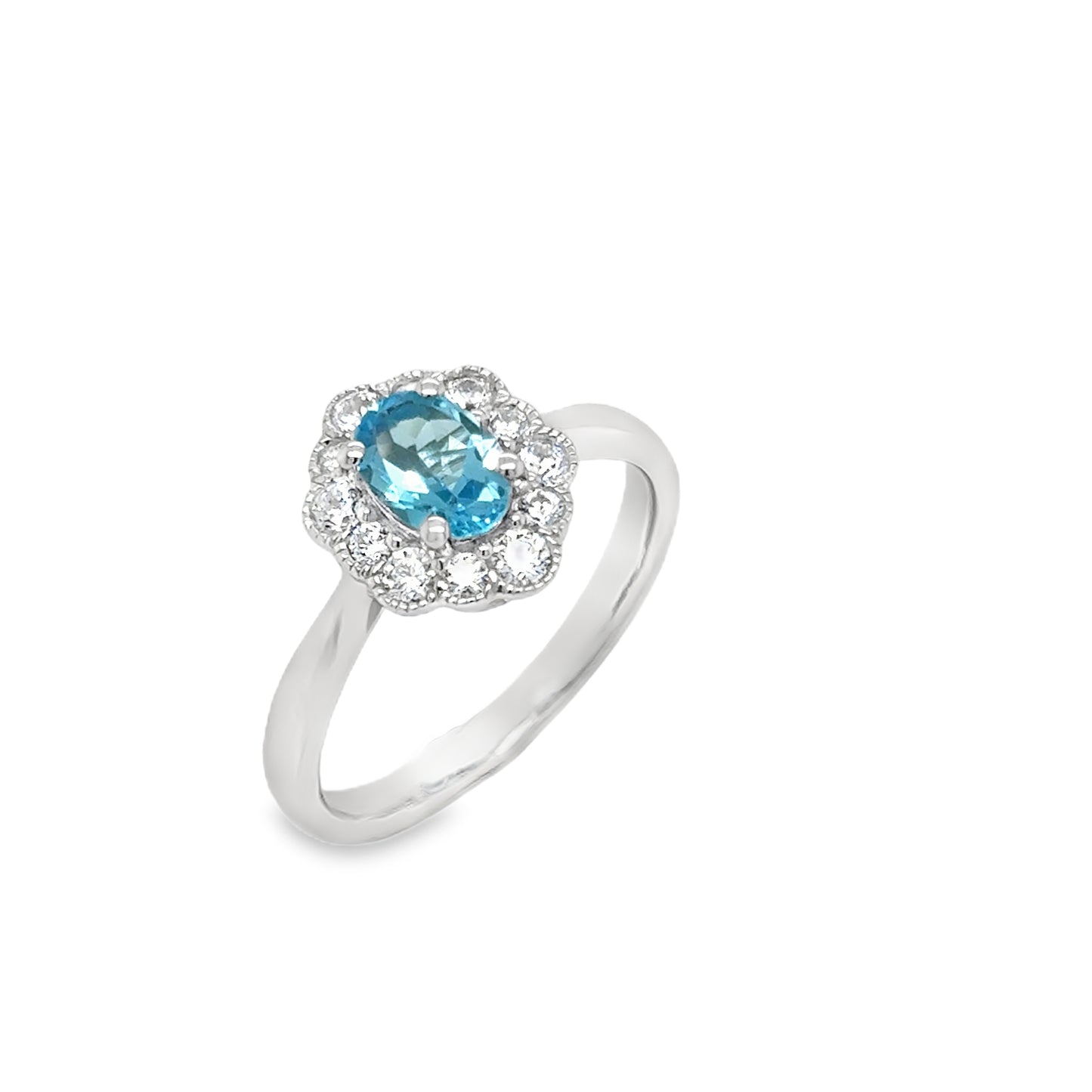 Sterling Silver Oval Blue Topaz and CZ Halo Antique Style Ring