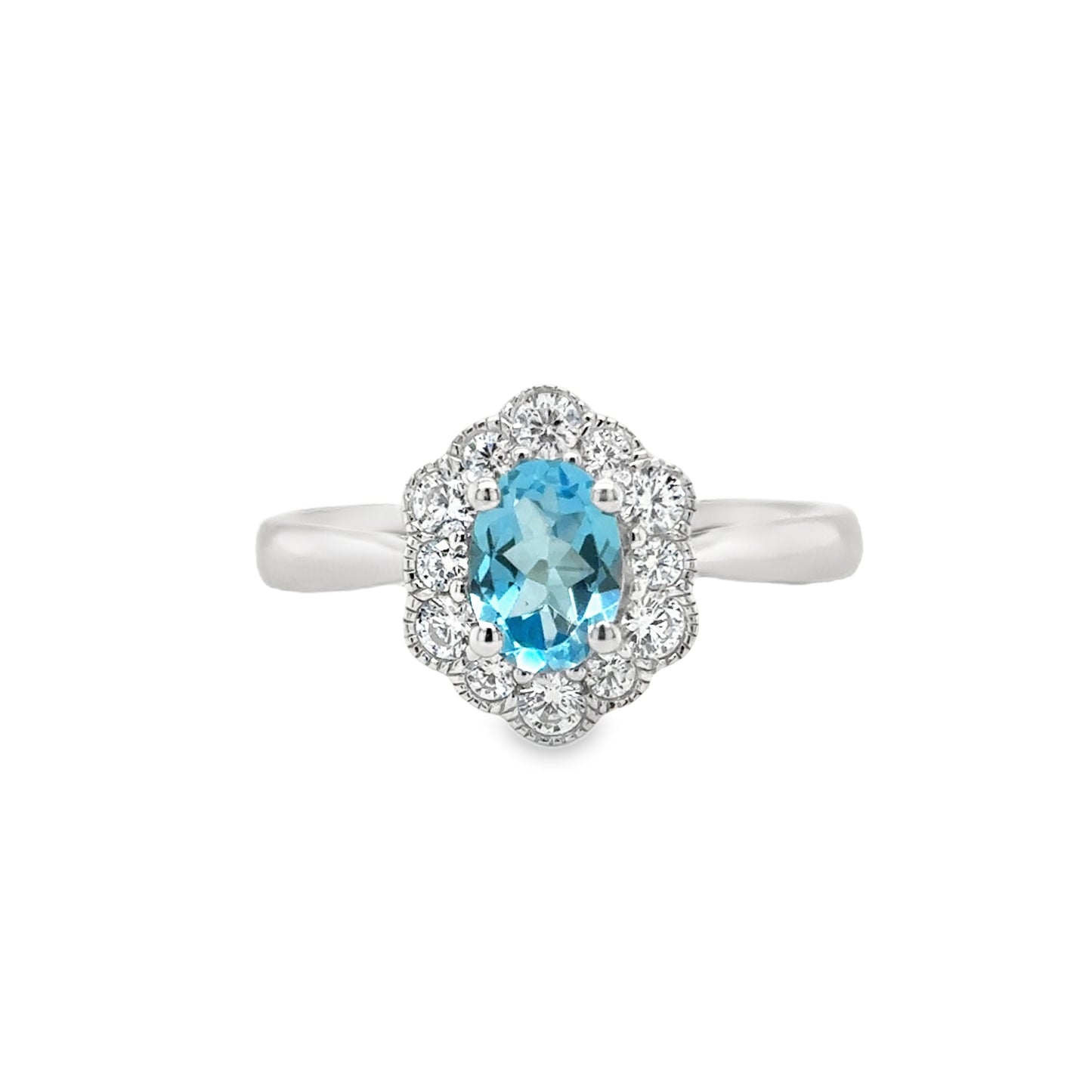 Sterling Silver Oval Blue Topaz and CZ Halo Antique Style Ring
