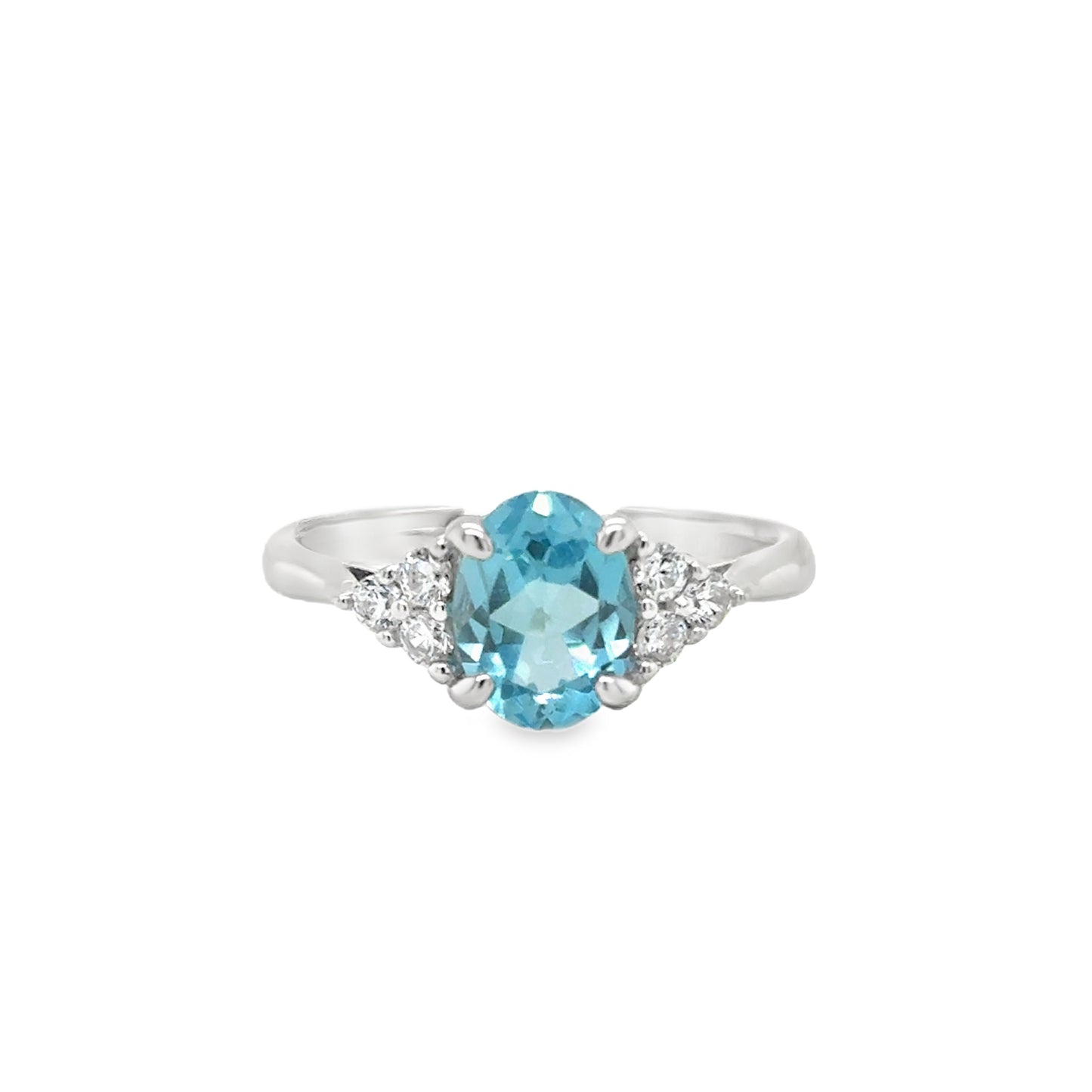 Sterling Silver Oval Blue Topaz Ring with Fancy CZ Shoulders