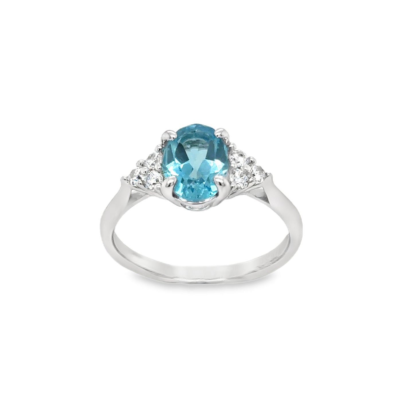 Sterling Silver Oval Blue Topaz Ring with Fancy CZ Shoulders