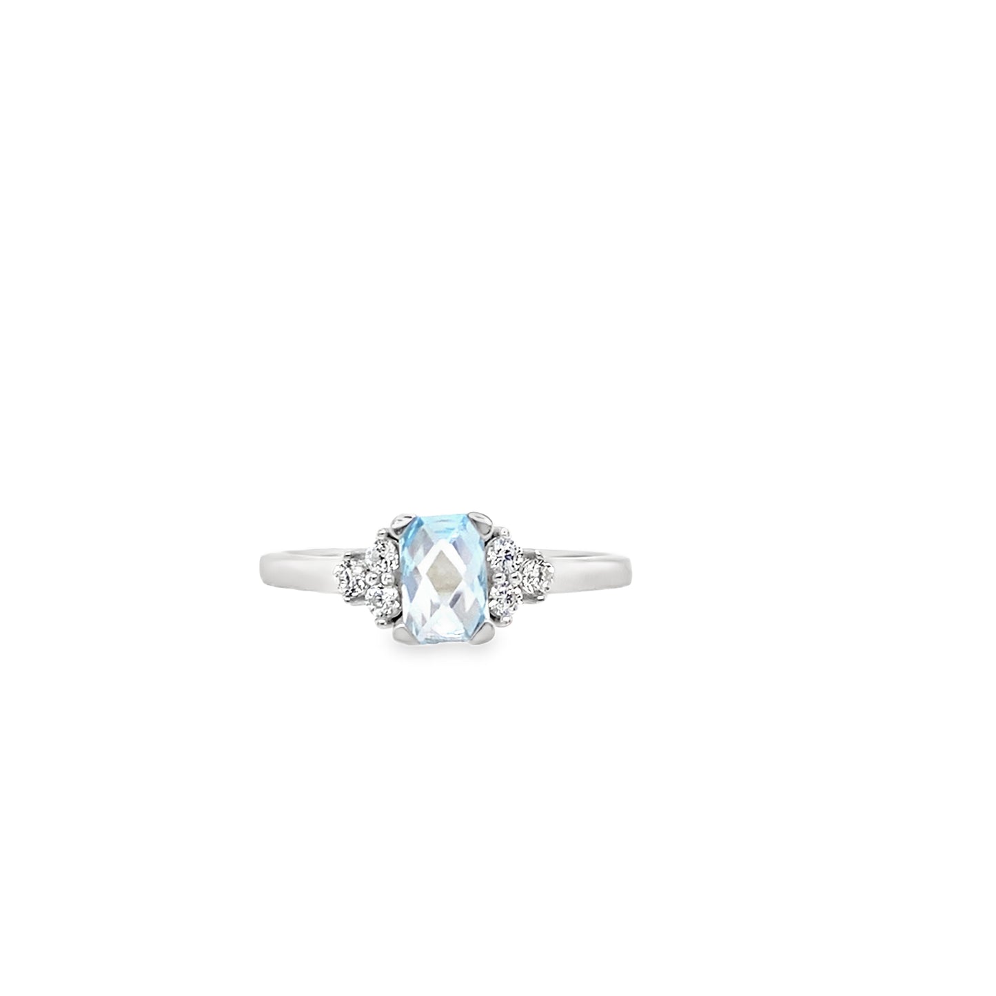 9ct White Gold Emerald Cut Blue Cubic Zirconia Ring With Fancy Shoulders